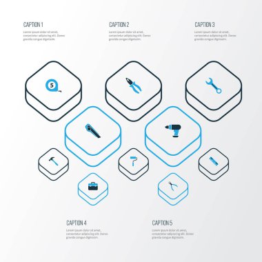 Araçları renkli simgeler kümesi. Araç takımı, tamir, metre ve diğer öğeleri koleksiyonu. Ayrıca, ölçü birimi, ölçüm, İngiliz anahtarı gibi simgeler içerir.
