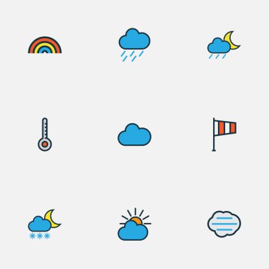 Hava renkli anahat simgeler kümesi. Bulutlu gün, ölçek, bayrak ve diğer öğeleri koleksiyonu. Ayrıca bulutlu, hava durumu, derecesi gibi simgeler içerir.
