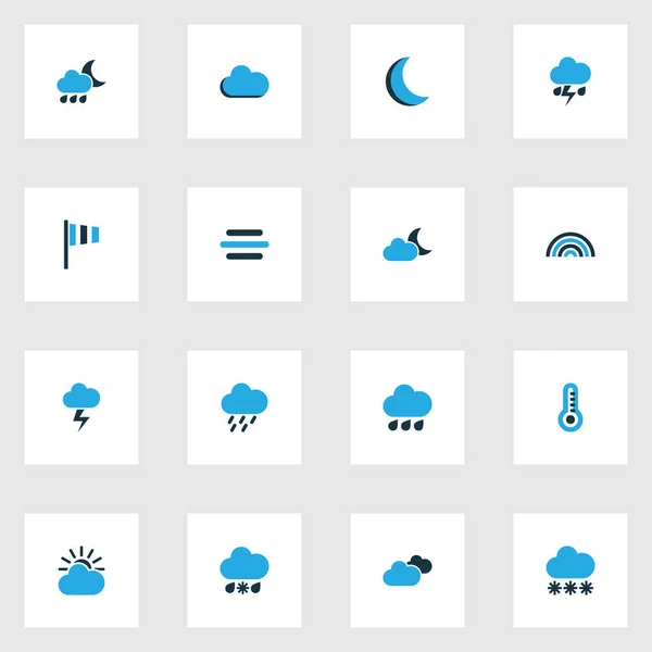 Climat Icônes colorées ensemble. Collection de vitesse du vent, chutes de neige, thermomètre et autres éléments. Comprend également des symboles tels que la foudre, bruine, drapeau . — Image vectorielle