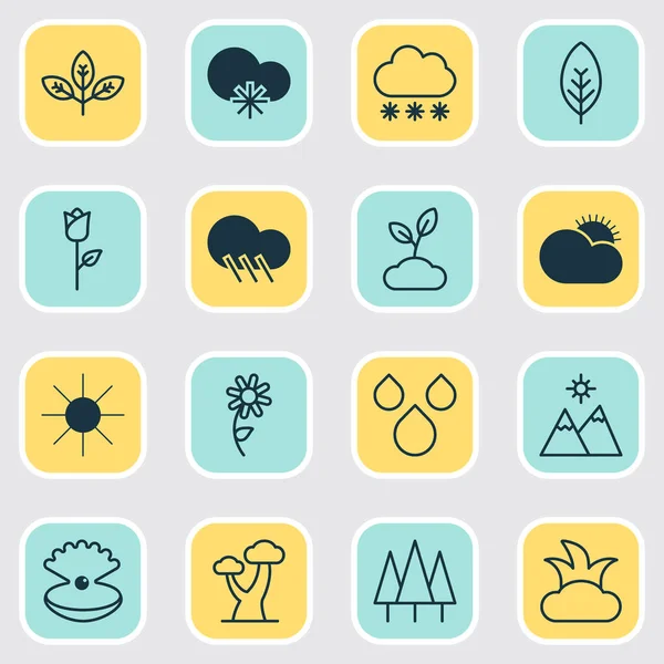 Doğa Icons Set. Bush, yağmur damlası, kar fırtınası ve diğer öğeleri koleksiyonu. Ayrıca sağnak, bahçıvanlık, güneş ışığı gibi simgeler içerir.