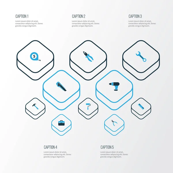 Araçları renkli simgeler kümesi. Araç takımı, tamir, metre ve diğer öğeleri koleksiyonu. Ayrıca, ölçü birimi, ölçüm, İngiliz anahtarı gibi simgeler içerir.