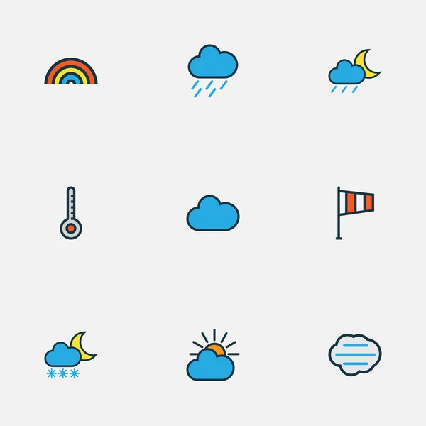 Conjunto de iconos de contorno colorido de aire. Colección de día nublado, escala, bandera y otros elementos. También incluye símbolos tales como nublado, clima, grado . — Vector de stock