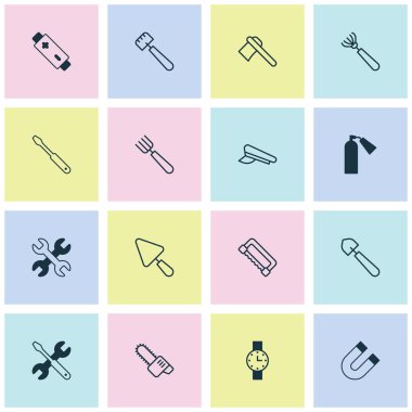 Ekipman Icons Set. Harrow, Kepçe, benzin kesici ve diğer öğeleri koleksiyonu. Ayrıca saat, testere, akümülatör gibi simgeler içerir.