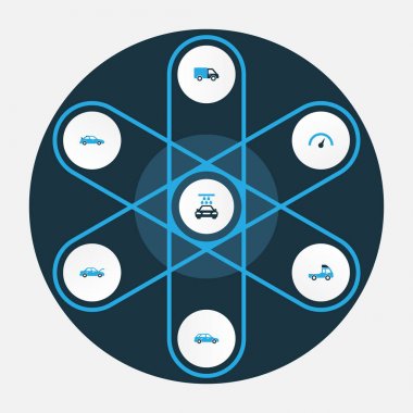 Otomobil renkli simgeler kümesi. Kamyon, spor otomobil, oto başlık ve diğer öğeleri koleksiyonu. Ayrıca yıkama, onarım, Hood gibi simgeler içerir.