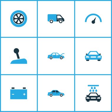 Araba renkli simgeler kümesi. Araç yıkama, Sedan, vites kolu ve diğer öğeleri koleksiyonu. Tekerlek, otomatik, sabitleme gibi semboller de içerir.