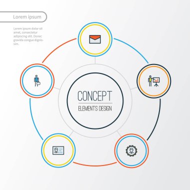Ticaret renkli anahat simgeler kümesi. Kimlik kartı, yönetici, rapor gösteri ve diğer öğeleri koleksiyonu. Ayrıca mühendis, sunu, e-posta gibi simgeler içerir.
