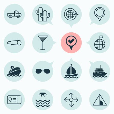 Icons Set seyahat. House, aperatif, Büyüteç gözlük ve diğer öğeleri kamp koleksiyonu. Ayrıca Cactus, kaktüsler, PIN gibi simgeler içerir.