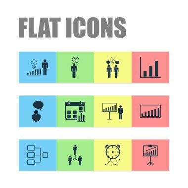 Yönetim Icons Set. Sistem yapısı, planlama, sunum tarihi ve diğer öğeleri koleksiyonu. Ayrıca yapısı, ağ, zaman gibi simgeler içerir.