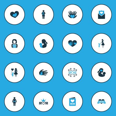 Anneler günü renkli simge tasarım konsepti. Romantik, zarf ve yeni doğmuş bebek gibi 16 öğeleri kümesi. Bakım, kişi ve hanımın güzel sembolleri.