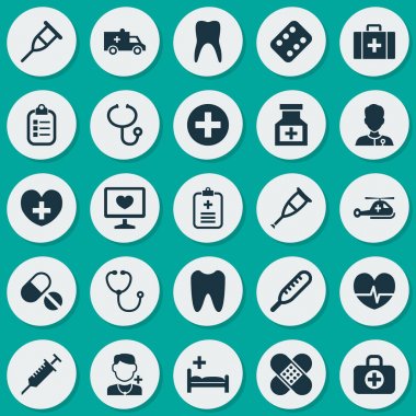Antibiyotik Icons Set. Topluluğu şifacı, diş hekimliği, iyileşir ve diğer öğeler. Stetoskop, ilaç, iyileşir gibi semboller de içerir.