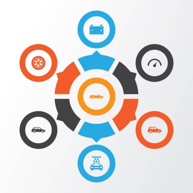 Araba Icons Set. Chronometre, Hatchback, Cabrio modeli ve diğer öğeleri koleksiyonu. Ayrıca Cabriolet, otomobil, lastik gibi simgeler içerir.