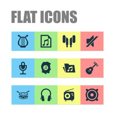 Müzik simgeler kümesi. Dosya, sessizlik, megafon ve diğer öğeleri koleksiyonu. Ayrıca lir, kulaklık, kulaklık gibi simgeler içerir.