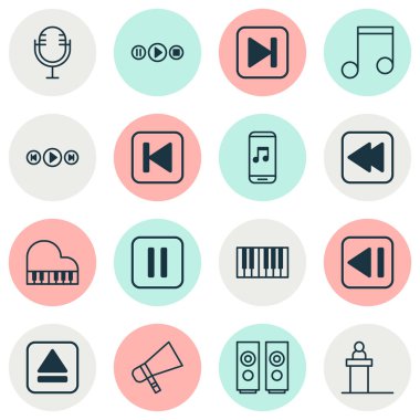 Ses simgeler kümesi. Kürsü, Skip şarkı, Mike ve diğer öğeleri koleksiyonu. Ayrıca Octave, App, mikrofon gibi simgeler içerir.