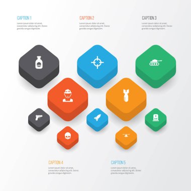 Savaş Icons Set. Askeri, silah, RIP ve diğer öğeleri koleksiyonu. Ayrıca asker, kafatası, mezar gibi simgeler içerir.