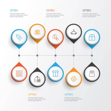 Ticaret Icons Set. Karton, Peg, giden kazanç ve diğer öğeleri koleksiyonu. Ayrıca sayısı, parsel, Doları gibi simgeler içerir.