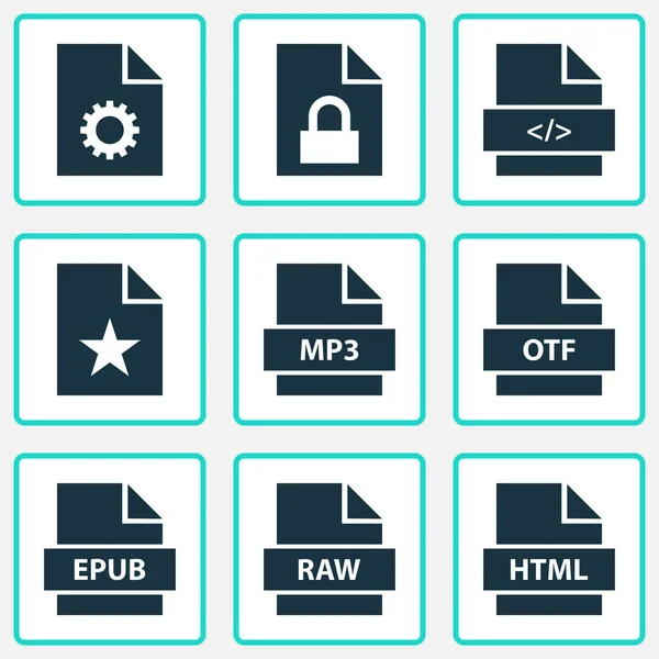 Dokumentsymbole gesetzt. Sammlung von Formen, Schriftarten, speziellen und anderen Elementen. enthält auch Symbole wie RAW, MP3, Favorit. — Stockvektor