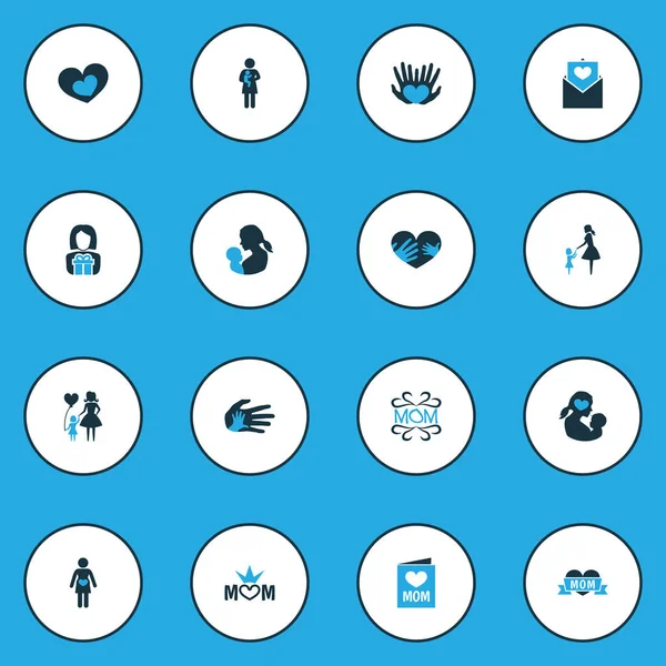 Anneler günü renkli simge tasarım konsepti. Romantik, zarf ve yeni doğmuş bebek gibi 16 öğeleri kümesi. Bakım, kişi ve hanımın güzel sembolleri.