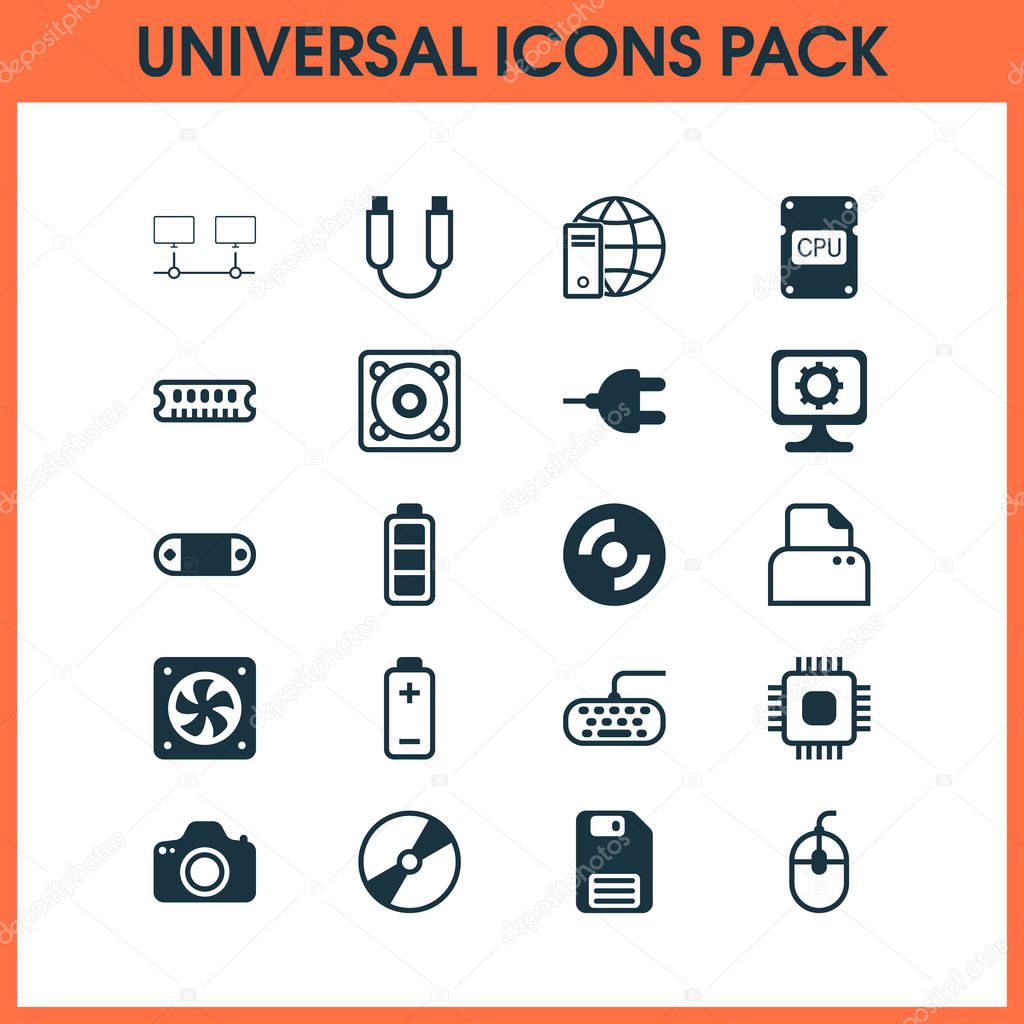 Hardware Icons Set. Collection Of Radio Set, Connected Devices, Control Device And Other Elements. Also Includes Symbols Such As Save, Network, Photocopy.