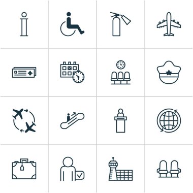 Icons Set seyahat. Erişilebilirlik, hareketli merdiven, Pilot şapka ve diğer öğeleri koleksiyonu. Ayrıca bilgi gibi simgeler içerir kart, bilgilendirici.