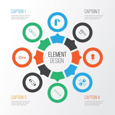 Araçlar simgeler kümesi. İtfaiyeci, dönüş vida, somun anahtarı ve başka öğeler topluluğu. Ayrıca İngiliz anahtarı, mala, akümülatör gibi simgeler içerir.