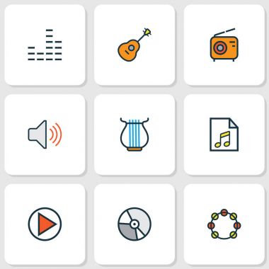 Müzik renkli anahat simgelerini belirlemek. Birim, daire, liste ve diğer öğeleri koleksiyonu. Ayrıca küme, liste, başlangıç gibi simgeler içerir.