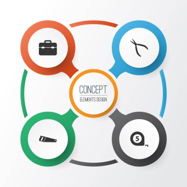 Icons Set onarın. Araç takımı, el testeresi, metre öğeleri koleksiyonu. Ayrıca yuvarlak, testere, araç gibi simgeler içerir.