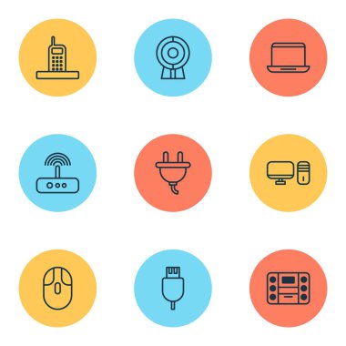 Donanım simgeleri ayarlayın. Boombox, kişisel bilgisayar, yayın ve diğer öğeleri koleksiyonu. Ayrıca anahtarı, defter, fiş gibi simgeler içerir.