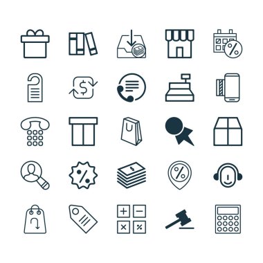 E-ticaret Icons Set. İndirim konumu, indirim işareti, yinelenen Payements ve diğer öğeleri koleksiyonu. Ayrıca kutusu, Compute, geri ödeme gibi simgeler içerir.