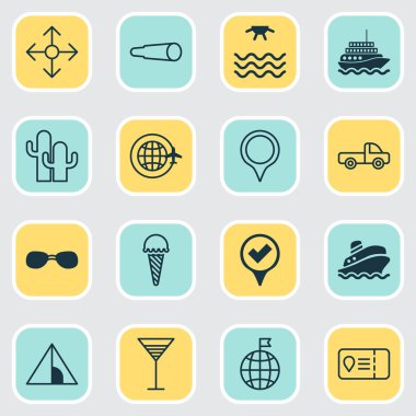 Icons Set seyahat. Sevkiyat tur, yön okları, işaret ve diğer öğeleri koleksiyonu. Ayrıca ziyaret edildi kaktüs, dünya gibi sembolleri içerir.