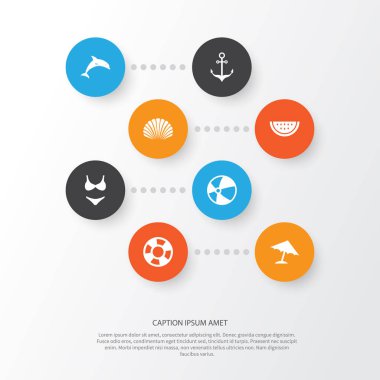 Yaz Icons Set. Bikini, armatür, şemsiye ve diğer öğeleri koleksiyonu. Ayrıca Beach, kavun, kabuk gibi simgeler içerir.