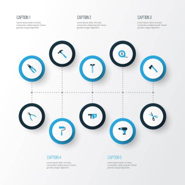 Araçları renkli simgeler kümesi. Makasları, yuvarlak pense, onarım ve diğer öğeleri koleksiyonu. Ayrıca araç, inşaat, aracı gibi simgeler içerir.