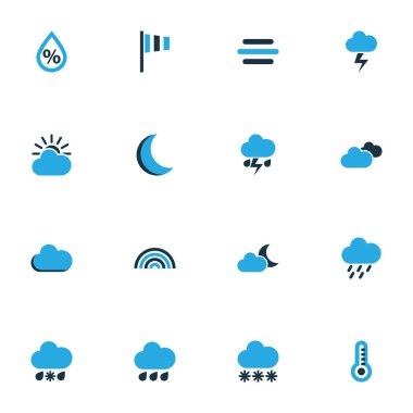 Hava renkli simgeler kümesi. Ark, Rüzgar hızı, yıldırım ve diğer öğeleri koleksiyonu. Ayrıca damla, termostat, termometre gibi simgeler içerir.