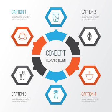 Icons Set yemek. Tuvalet, kahve fincanı, içecek ve diğer öğeleri koleksiyonu. Ayrıca Barbekü, buhar, çorba gibi simgeler içerir.