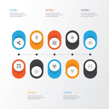 Icons Set öğrenme. Hafiflik modu, bilgi bileşenleri, kablosuz iletişim ve diğer öğeleri koleksiyonu. Soğutucu, hücreleri, makine gibi semboller de içerir.