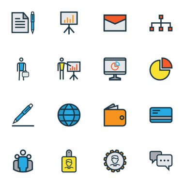 İş renkli anahat simgelerini belirlemek. Kimlik belgesi, mesaj, yönetici ve diğer öğeleri koleksiyonu. Ayrıca pasta gibi simgeler içerir kart, imzalama.
