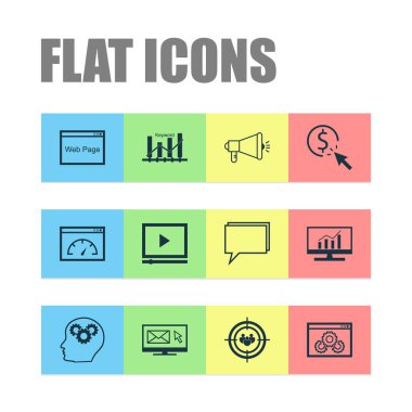 Reklam Icons Set. Fikri işlemi, Video oynatıcı, bülten ve diğer öğeleri koleksiyonu. Kapsamlı, hedef, tıklatın gibi semboller de içerir.