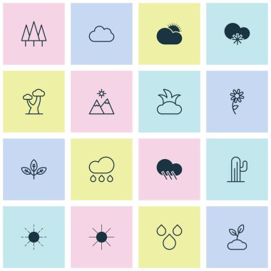 Ekoloji Icons Set. Meşe, yağmur damlası, orman ve diğer öğeleri koleksiyonu. Ayrıca su gibi simgeler içerir meşe, güneşli.