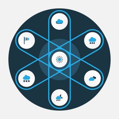 Hava renkli simgeler kümesi. Kar yağışı, Rüzgar hızı, yağış ve diğer öğeleri koleksiyonu. Ayrıca sembolleri gibi içerir bulutlu, güneşli, bulut.