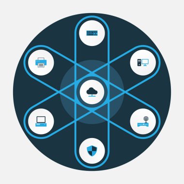 Bilgisayar renkli simgeler kümesi. Bilgisayar, Modem, güvenlik duvarı ve diğer öğeleri koleksiyonu. Ayrıca yönlendirici, Wifi, güvenlik duvarı gibi simgeler içerir.