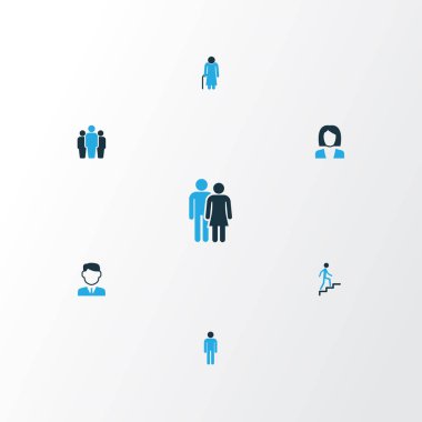 İnsanlar renkli simgeler kümesi. İnsan, iş, merdiven ve diğer öğeleri koleksiyonu. Ayrıca kafa, sevgilisi, üniversite gibi simgeler içerir.