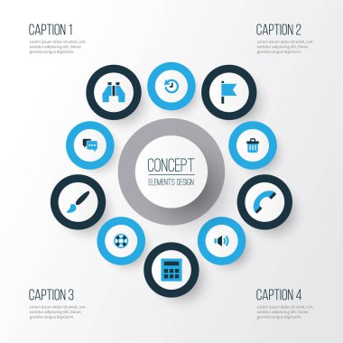 Renkli simgeler kümesi arabirim. Koleksiyon, resim hesaplamak, cilt ve diğer öğeler. Ayrıca dürbün, Lifebuoy, ses gibi simgeler içerir.