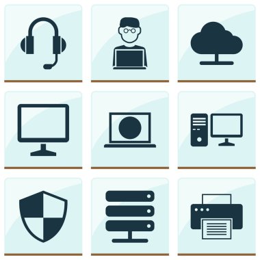 Aracı Icons Set. Kişisel bilgisayar, savunma, Web ve diğer öğeleri koleksiyonu. Ayrıca programcı, dizüstü bilgisayar, makine gibi simgeler içerir.