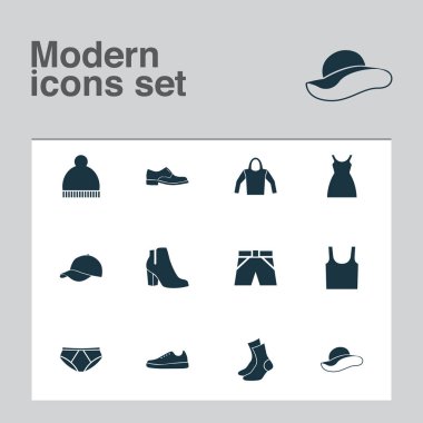 Icons Set elbise. Elbise, koleksiyon külotlu, kazak ve diğer öğeleri. Sarafan, Sweatshirt, giymek gibi semboller de içerir.