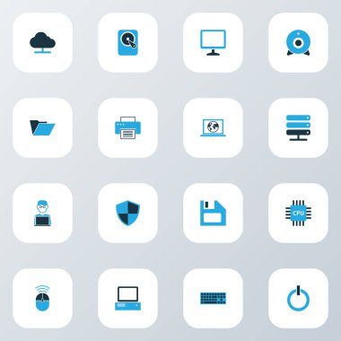 Bilgisayar renkli simgeler kümesi. Kontrol, güç, depolama ve diğer öğeleri koleksiyonu. Ayrıca Cpu, tuş takımı, Pc gibi simgeler içerir.