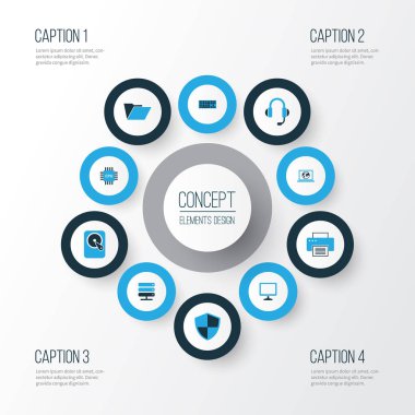 Bilgisayar renkli simgeler kümesi. Bağlantı, tuş takımı, dosya ve diğer öğeleri koleksiyonu. Ayrıca ekran, Disk, kulaklık gibi simgeler içerir.