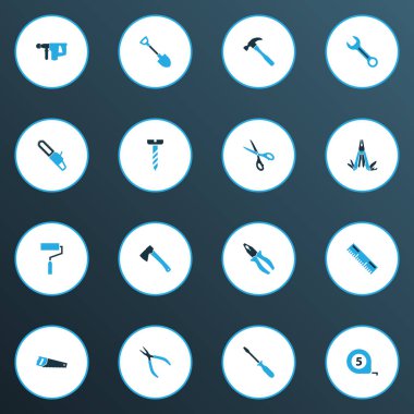 Handtools renkli simgeler kümesi. Vida, boya, kazma ve diğer öğeleri koleksiyonu. Ayrıca ölçüm, cetvel, makas gibi simgeler içerir.