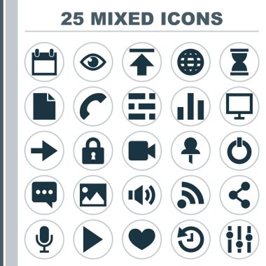 Icons Set Arabirimi. Sütun, resim, göz ve diğer öğeleri koleksiyonu. Ayrıca Galeri, ses, Tarih gibi simgeler içerir.