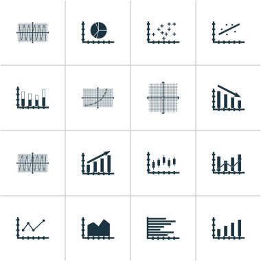 Grafikler, diyagramlar ve istatistik simgeleri kümesi. Kaliteli sembol koleksiyonu. Simgeler web, uygulama ve UI tasarımı için kullanılabilir.