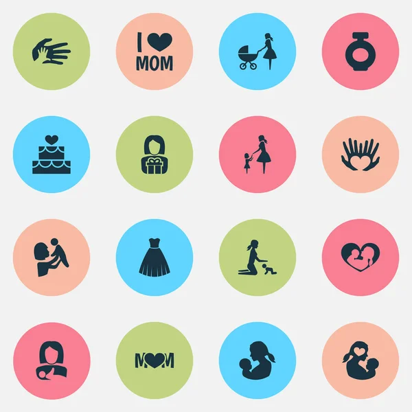Anneler günü simgesi tasarım konsepti. Bebek arabası, gece elbisesi, oynayan 16 gibi öğeleri kümesi. Kız, şişe ve çocuk için güzel sembolleri.
