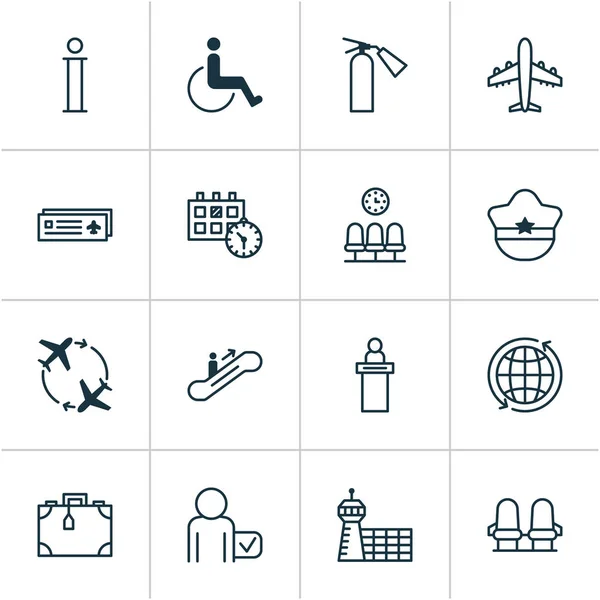 Set de iconos de viaje. Colección de Accesibilidad, Escalera Móvil, Sombrero Piloto y Otros Elementos. También incluye símbolos tales como información, tarjeta, informativo . — Vector de stock